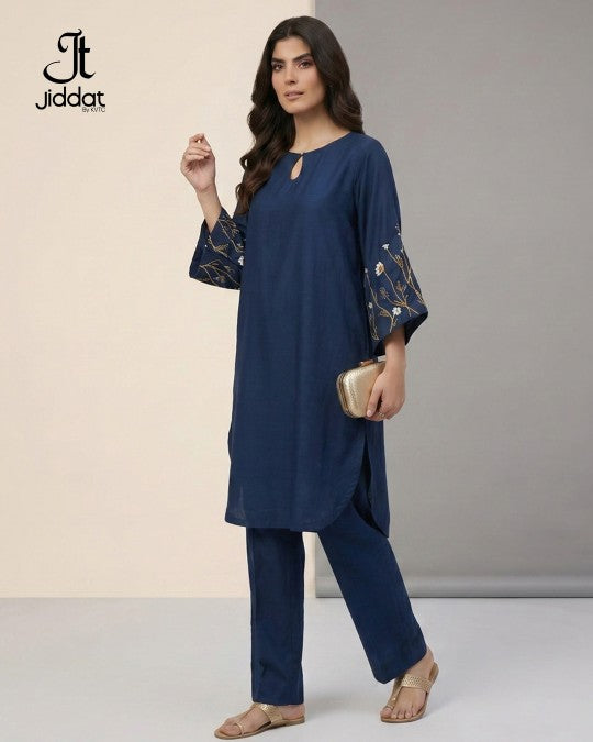 Semi-formal Hand Embroidery Navy Blue 2PC (Shirt and Pant)
