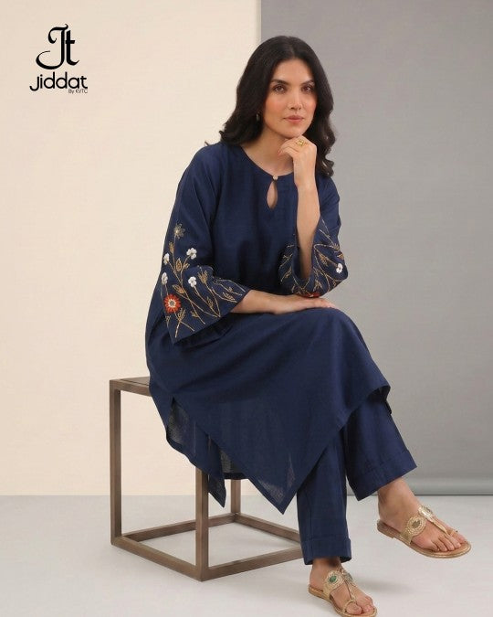 Semi-formal Hand Embroidery Navy Blue 2PC (Shirt and Pant)