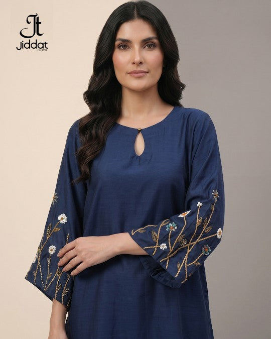 Semi-formal Hand Embroidery Navy Blue 2PC (Shirt and Pant)