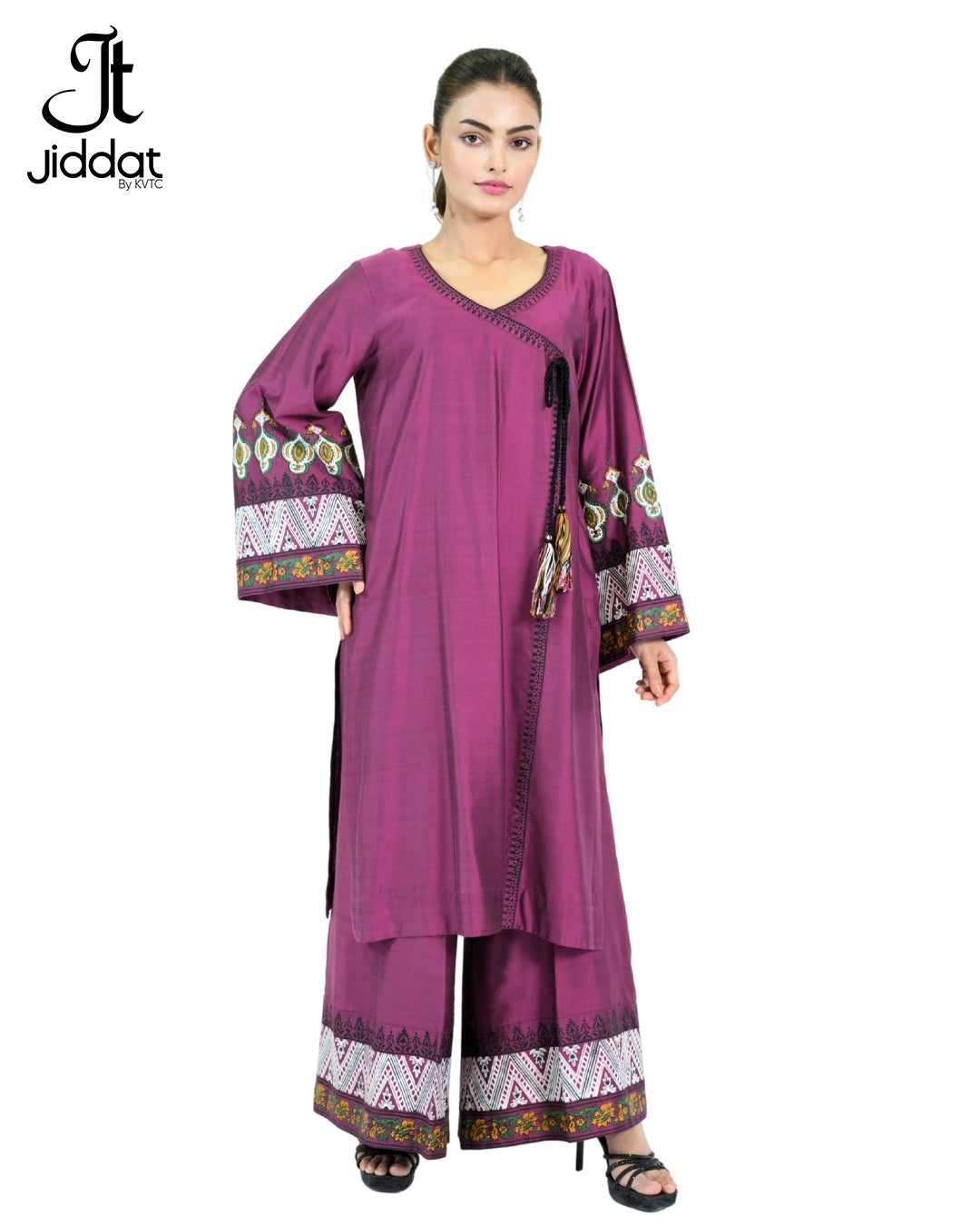2 Piece Angrakha straight Shirt with bell bottom and bell sleeves