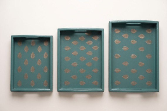 Handcrafted Wooden Block Printed Tea Tray Set (Set of 3)