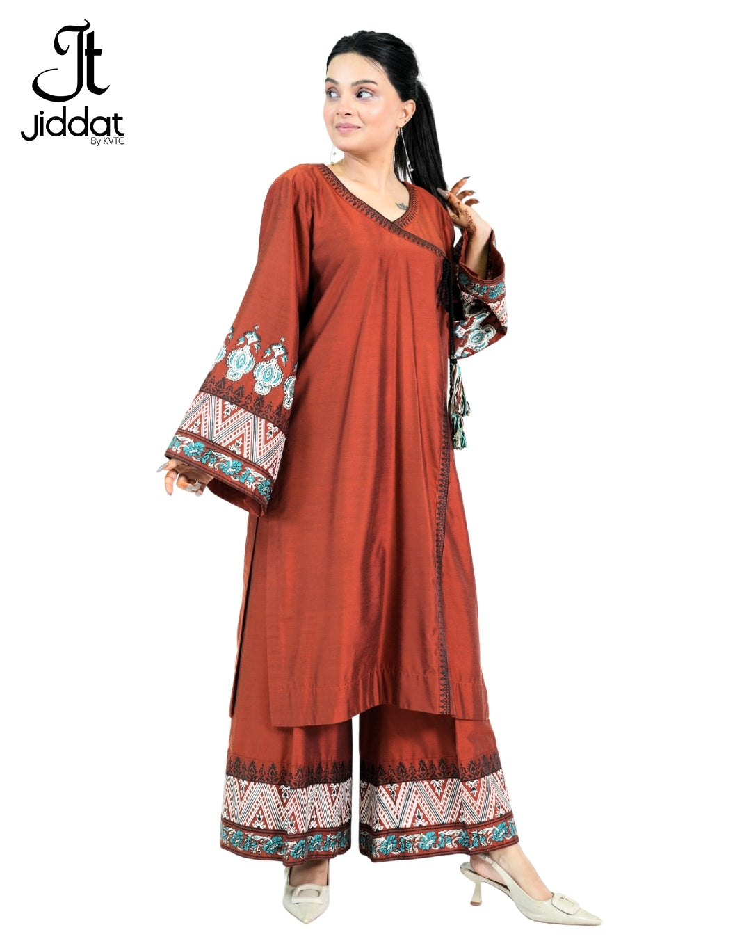 Stitched 2 Piece Angrakha straight Shirt with bell bottom and bell sleeves