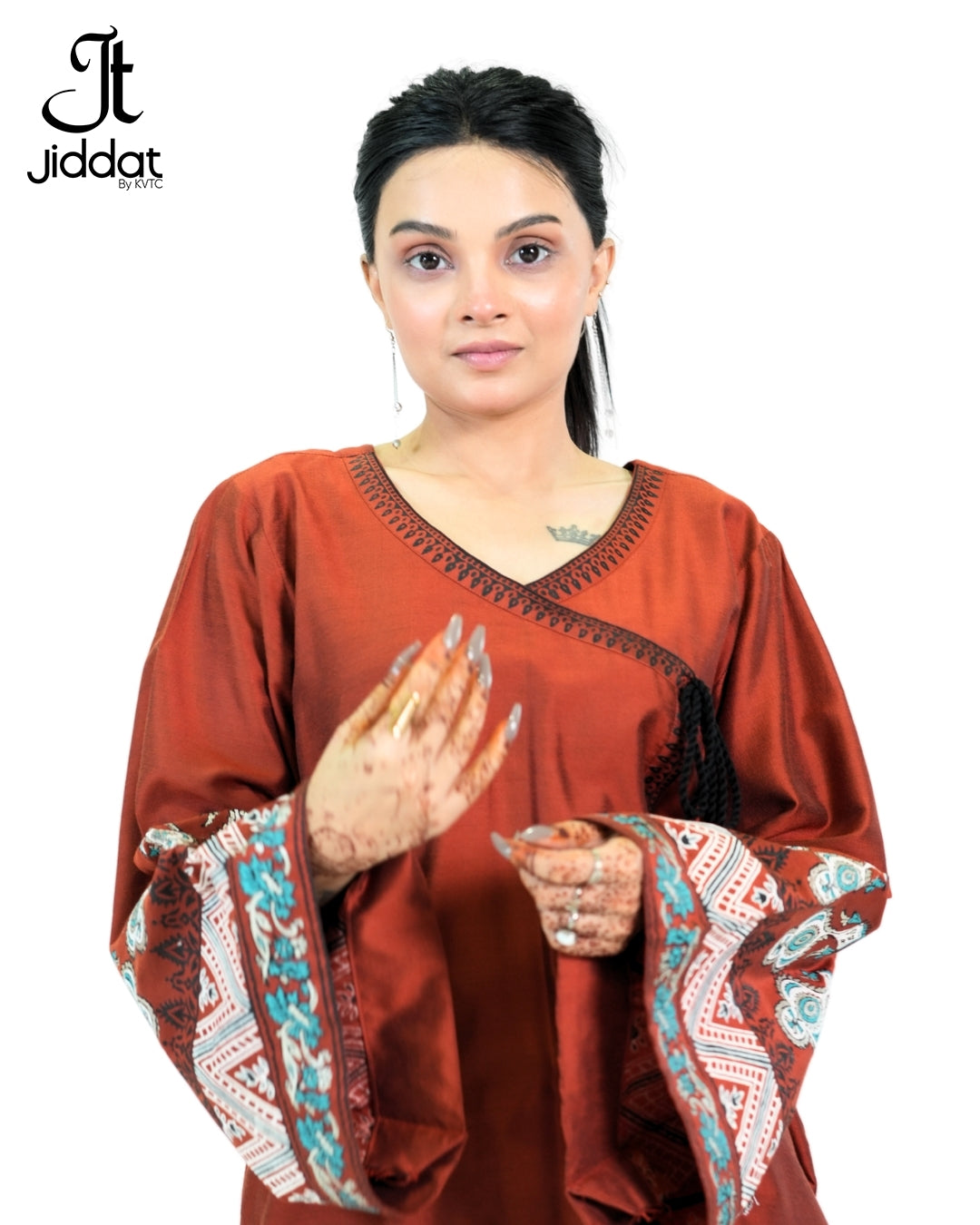Stitched 2 Piece Angrakha straight Shirt with bell bottom and bell sleeves