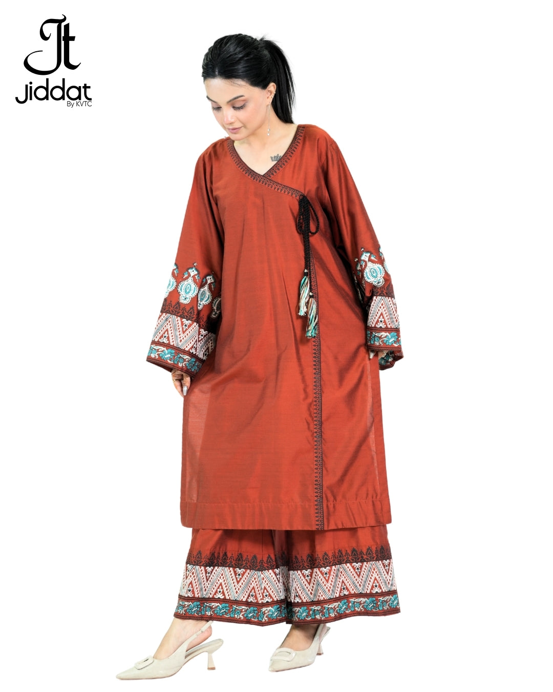 Stitched 2 Piece Angrakha straight Shirt with bell bottom and bell sleeves