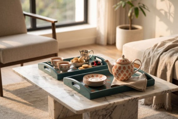 Handcrafted Wooden Block Printed Tea Tray Set (Set of 3)