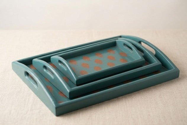 Handcrafted Wooden Block Printed Tea Tray Set (Set of 3)